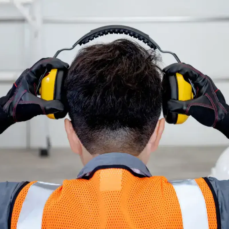 Man with yellow protective headphones