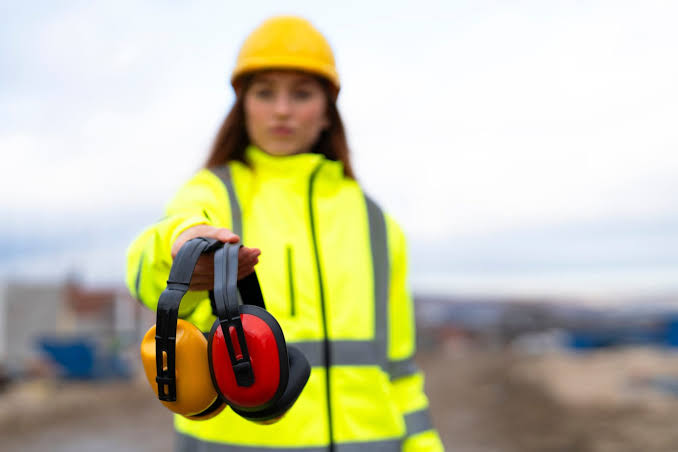 Lady with ear protection headphones