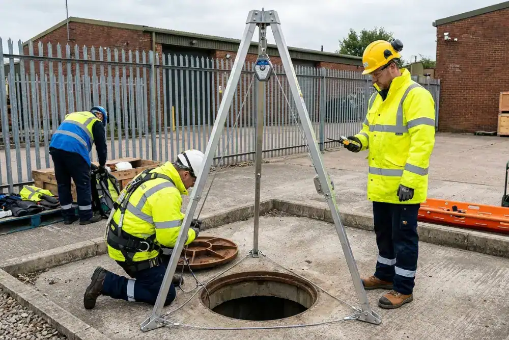 Men standing over confined space